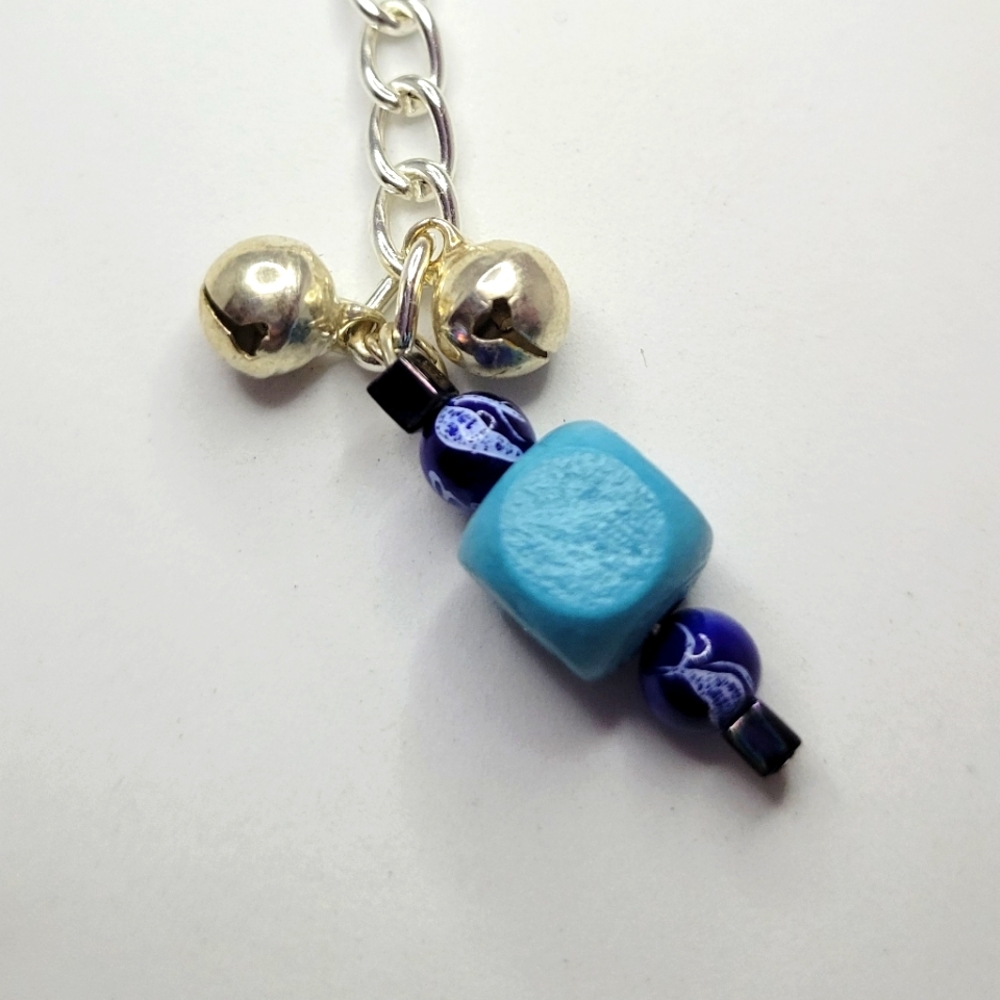 Square blue wood bead Keychain with silver Bells